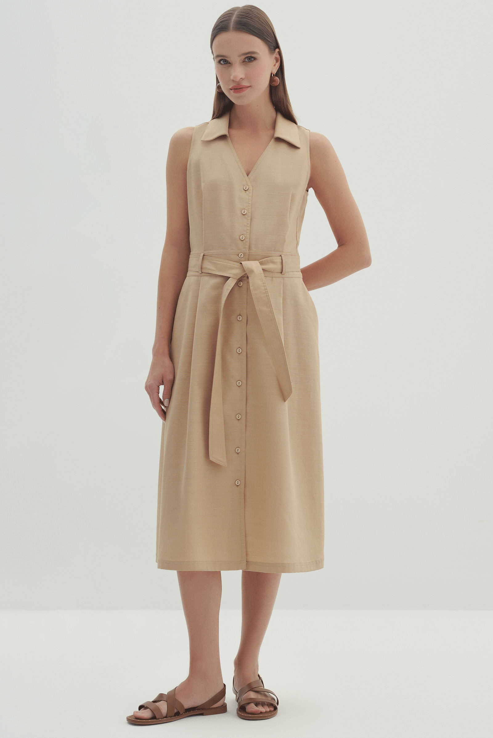 Kolsuz Kuşaklı Midi Boy Elbise