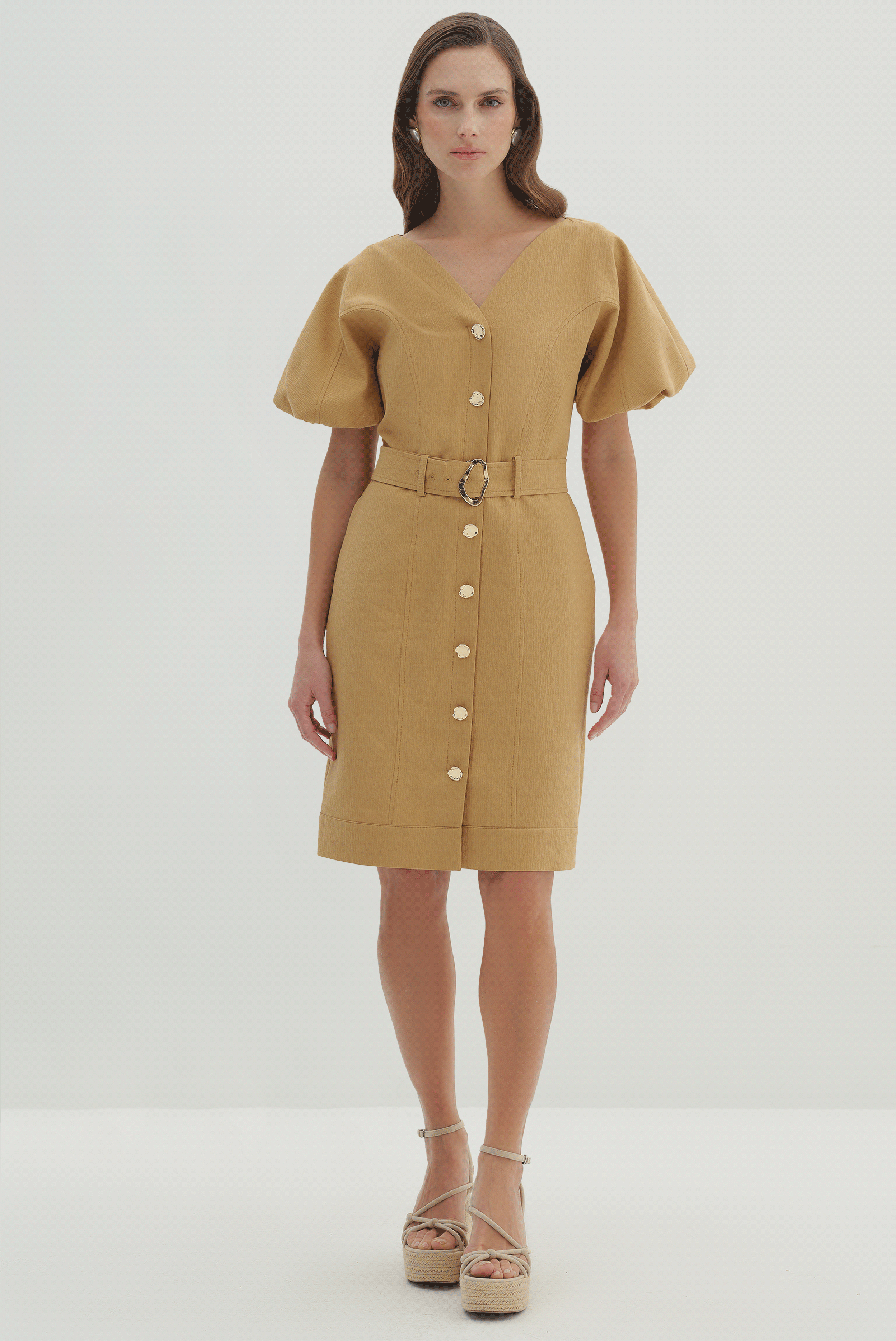 Kemer Detaylı Balon Kol Elbise