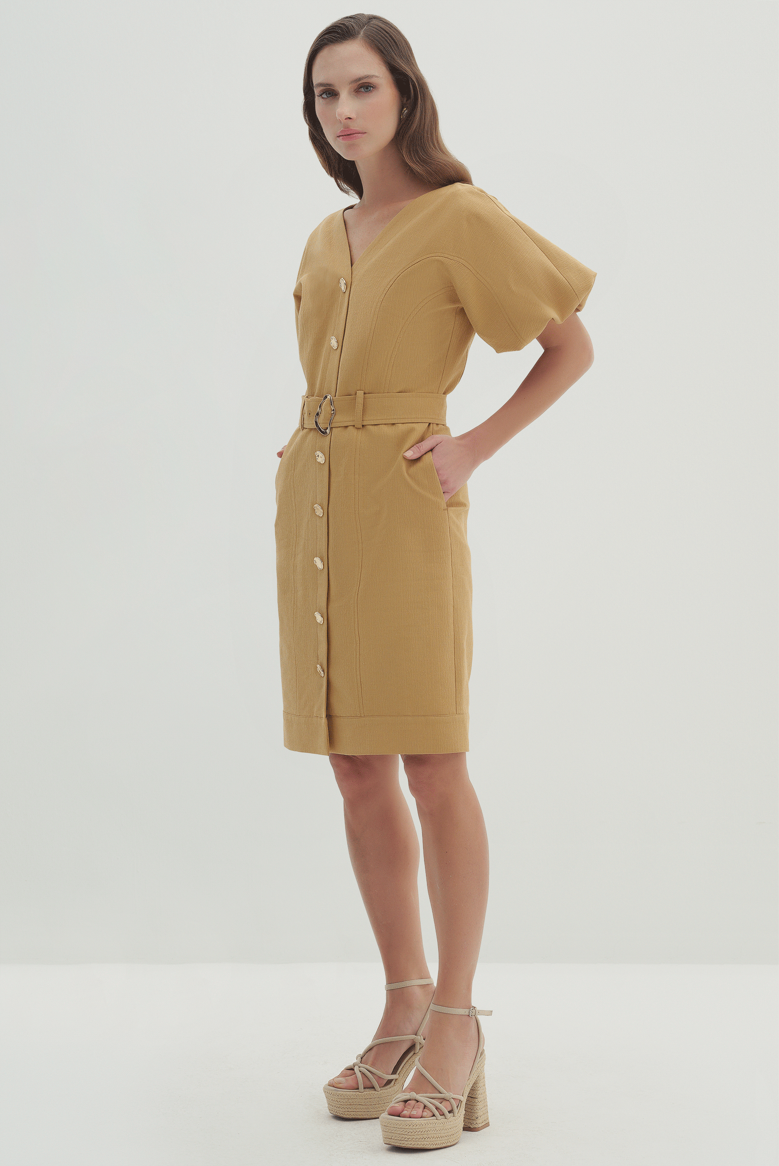 Kemer Detaylı Balon Kol Elbise