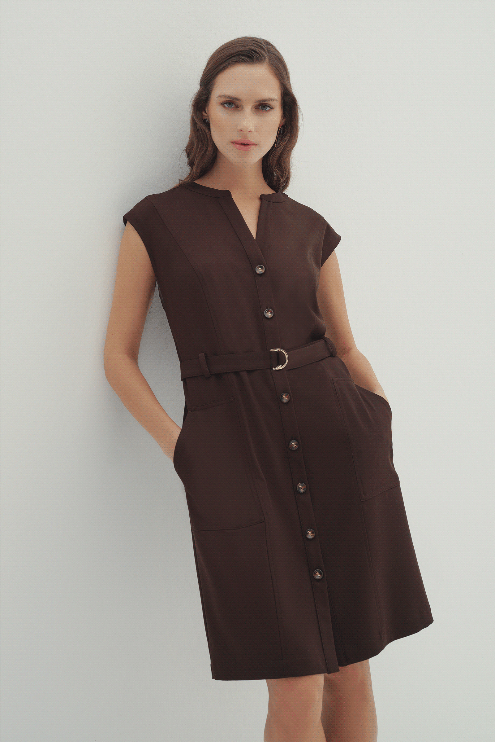 Düğmeli Kemerli Midi Boy Elbise