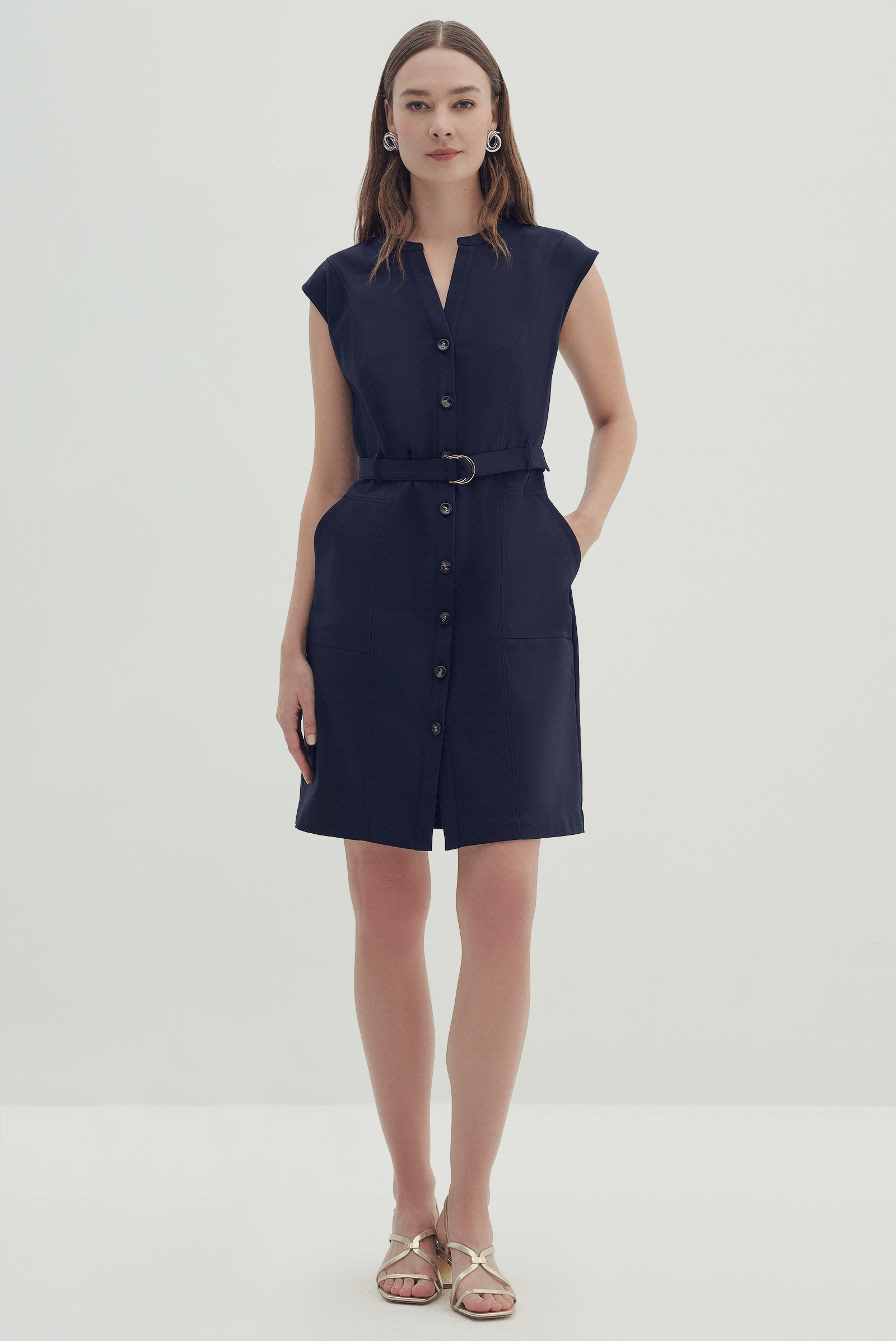 Düğmeli Kemerli Midi Boy Elbise