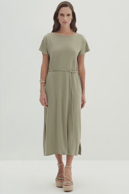 Beli Bağcıklı Kısa Kollu Elbise