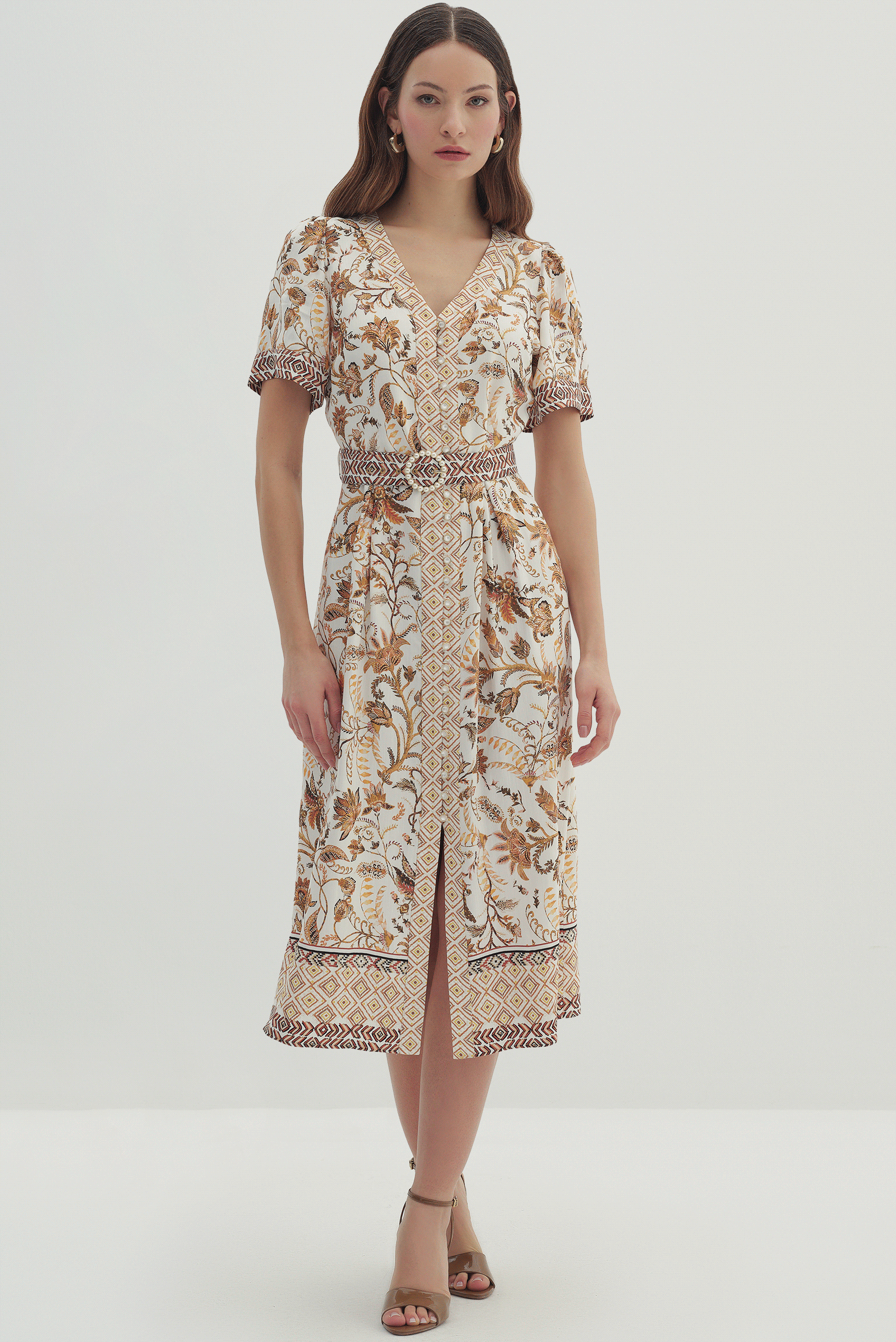 Kemer Detaylı Desenli Elbise