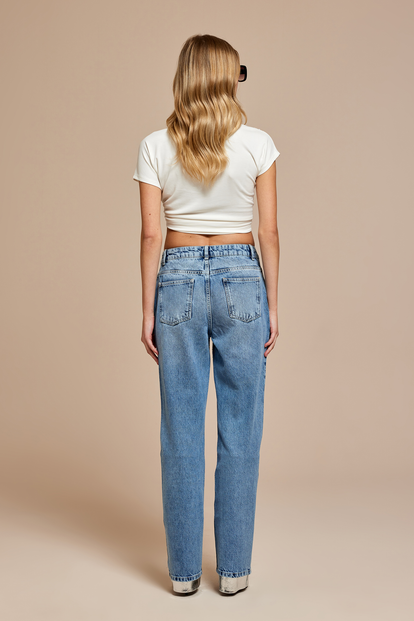 Boru Paça Taşlı Denim Pantolon