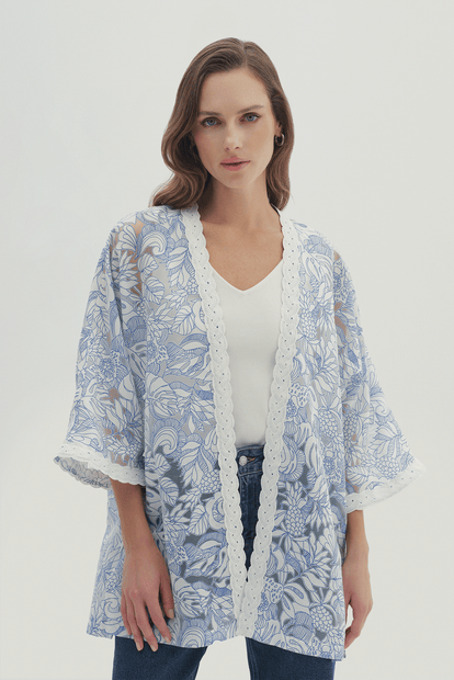 Şerit Detaylı Desenli Kimono