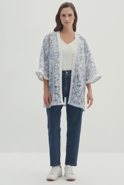Şerit Detaylı Desenli Kimono