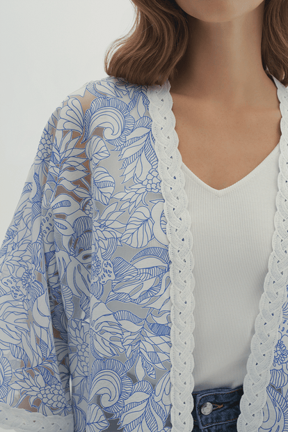 Şerit Detaylı Desenli Kimono