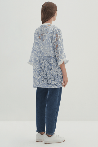 Şerit Detaylı Desenli Kimono