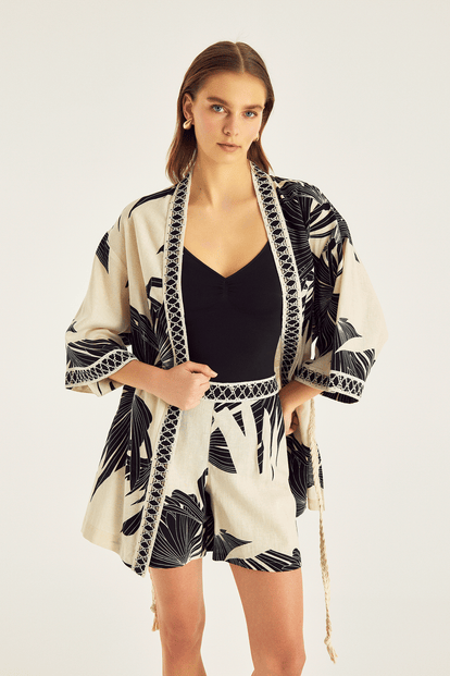 Desenli Keten Kimono
