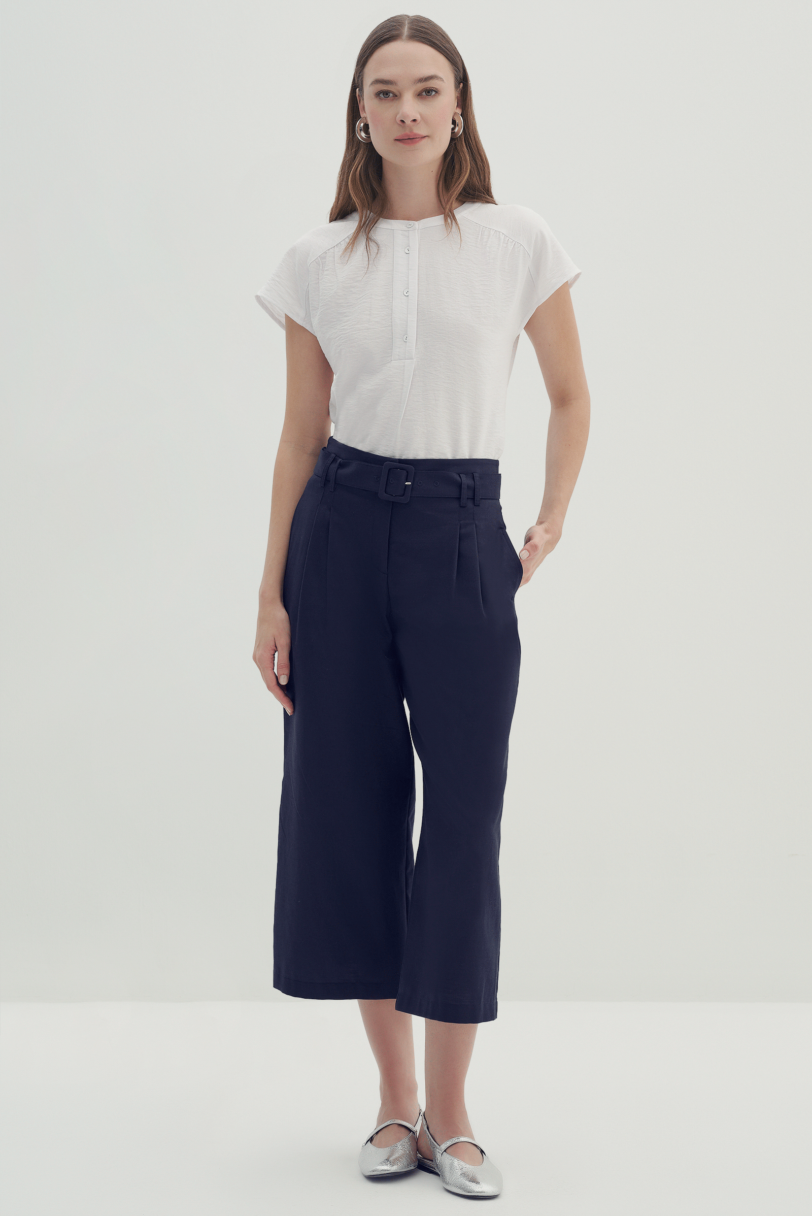 Desenli Kemerli Bol Paça Pantolon