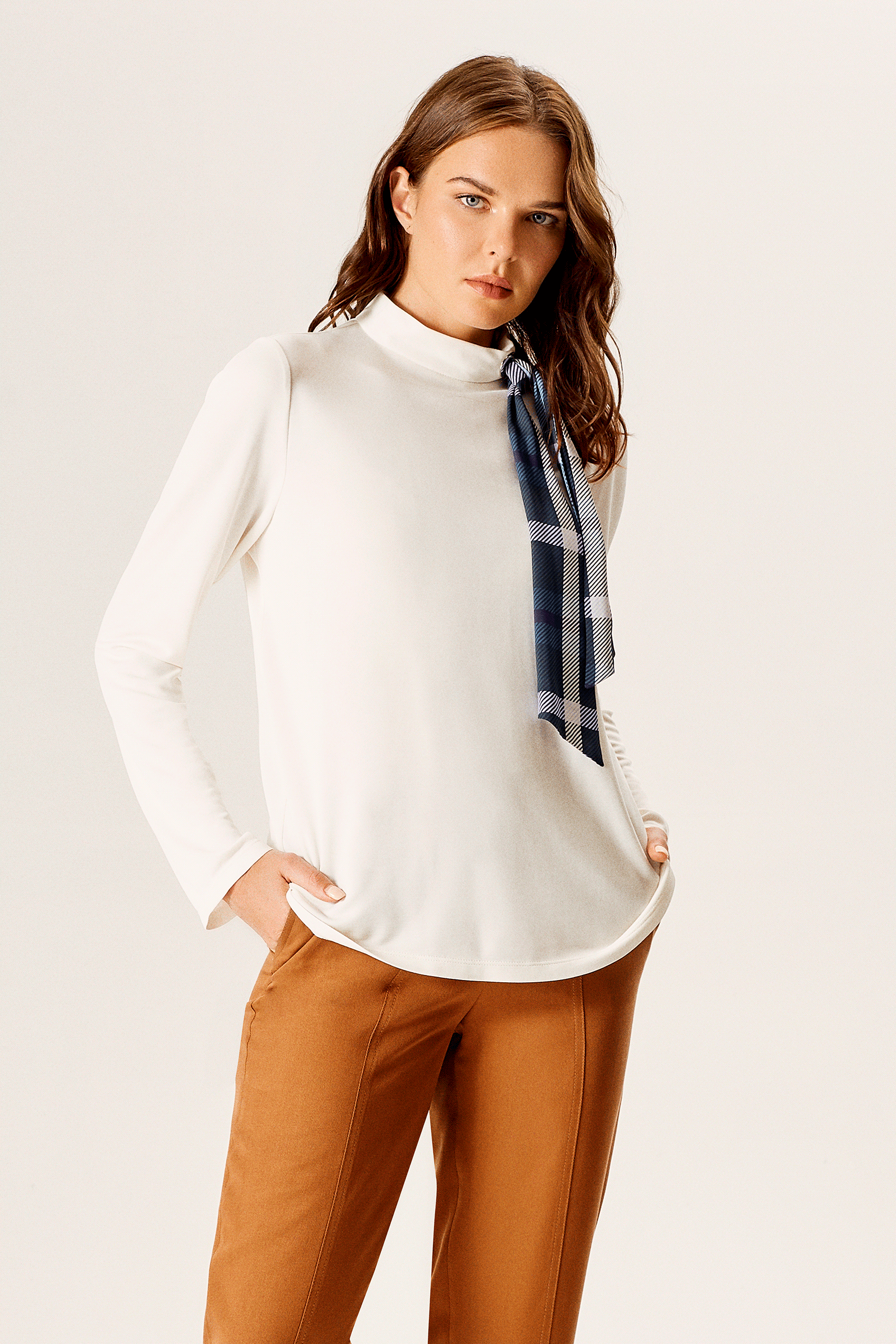 Balıkçı Yaka Fularlı Penye Bluz