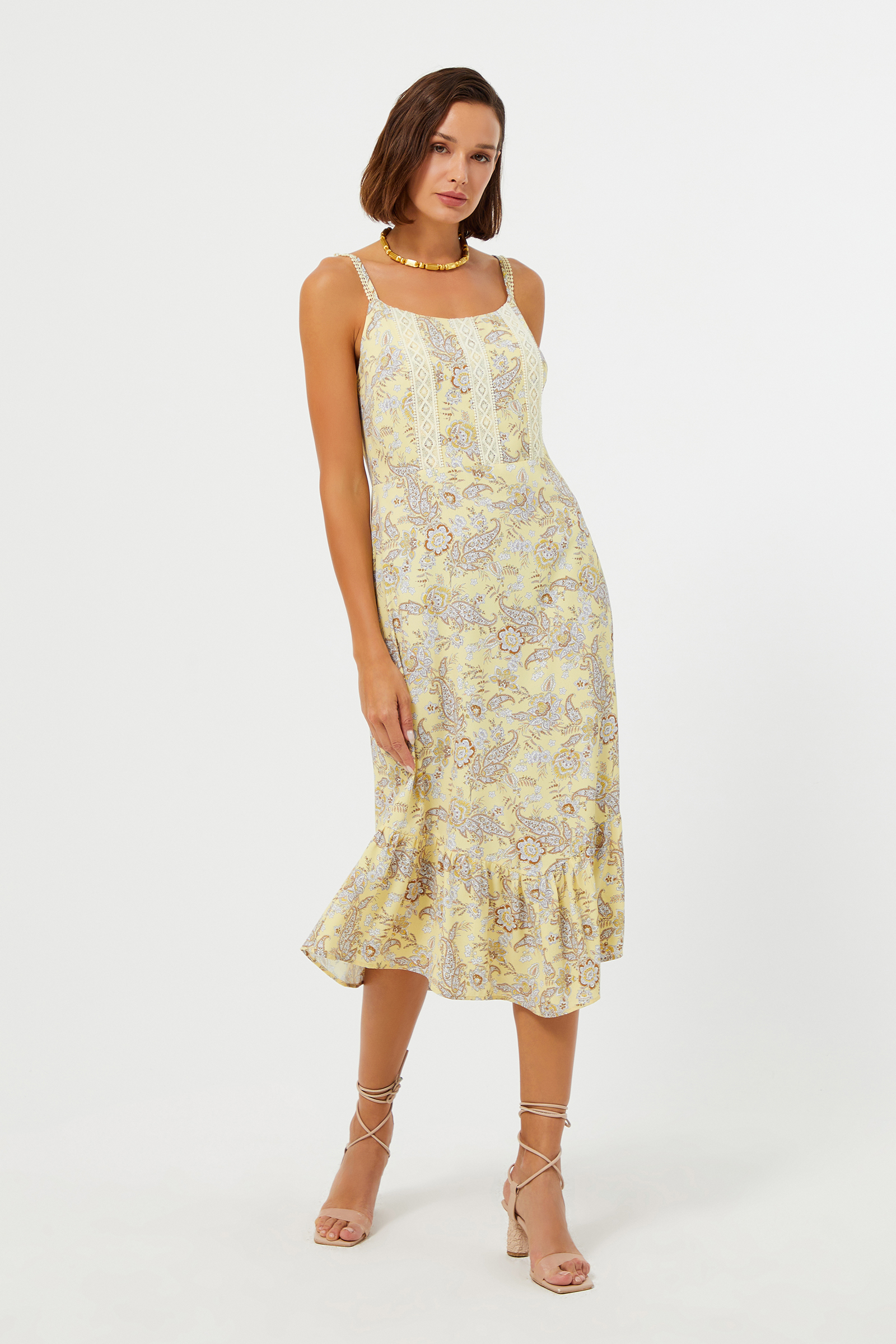 Askılı Etek Ucu Fırfırlı Midi Boy Elbise