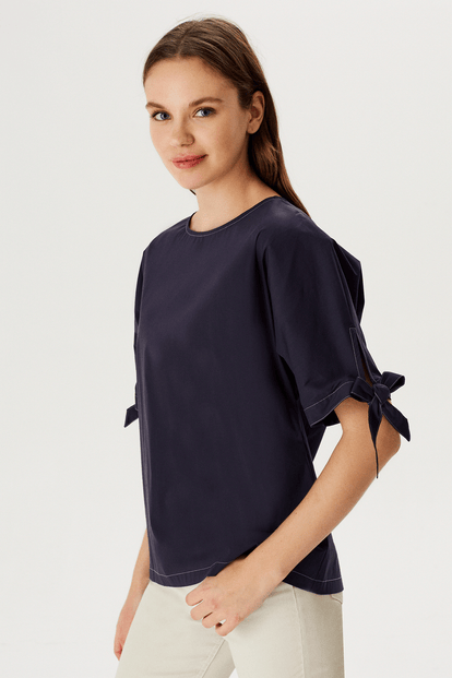 Yarasa Kol Kolucu Bağlamalı Poplin Bluz