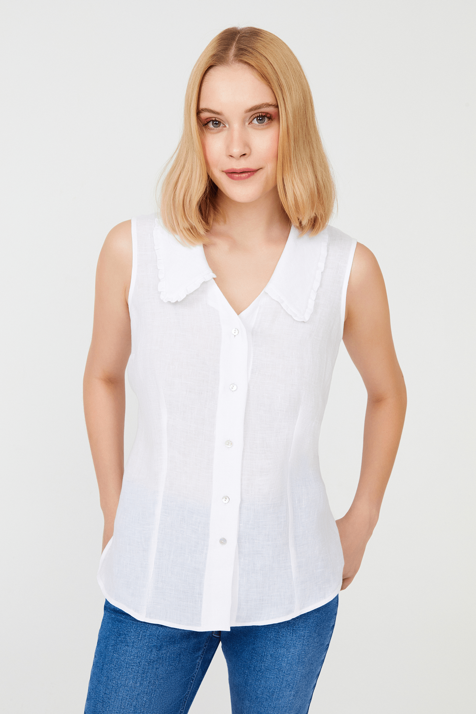 Yaka Detaylı Kolsuz Keten Gömlek