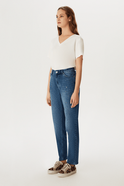Taşlı Boru Paça Denim Pantolon