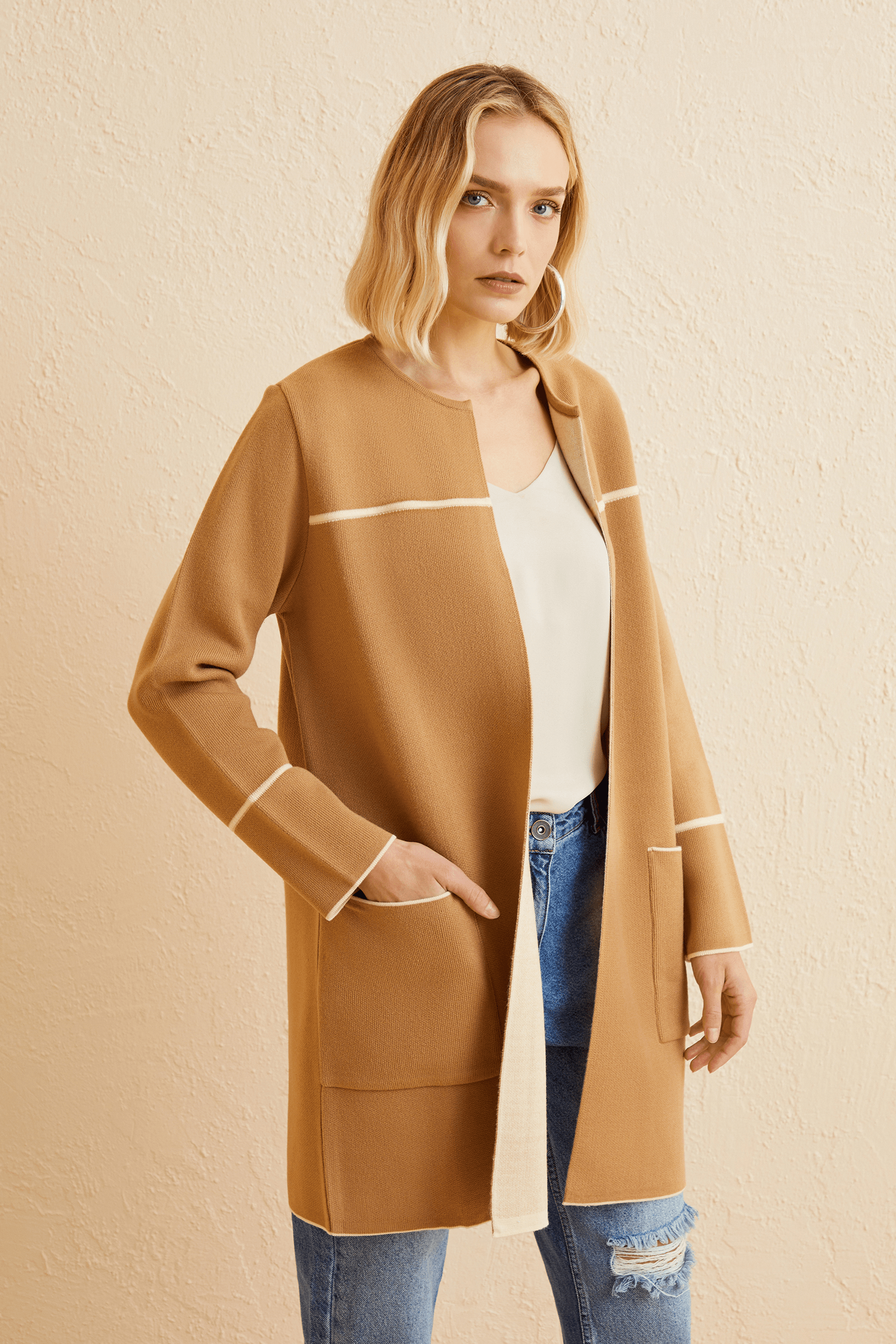 Kontrast Çizgili Triko Hırka