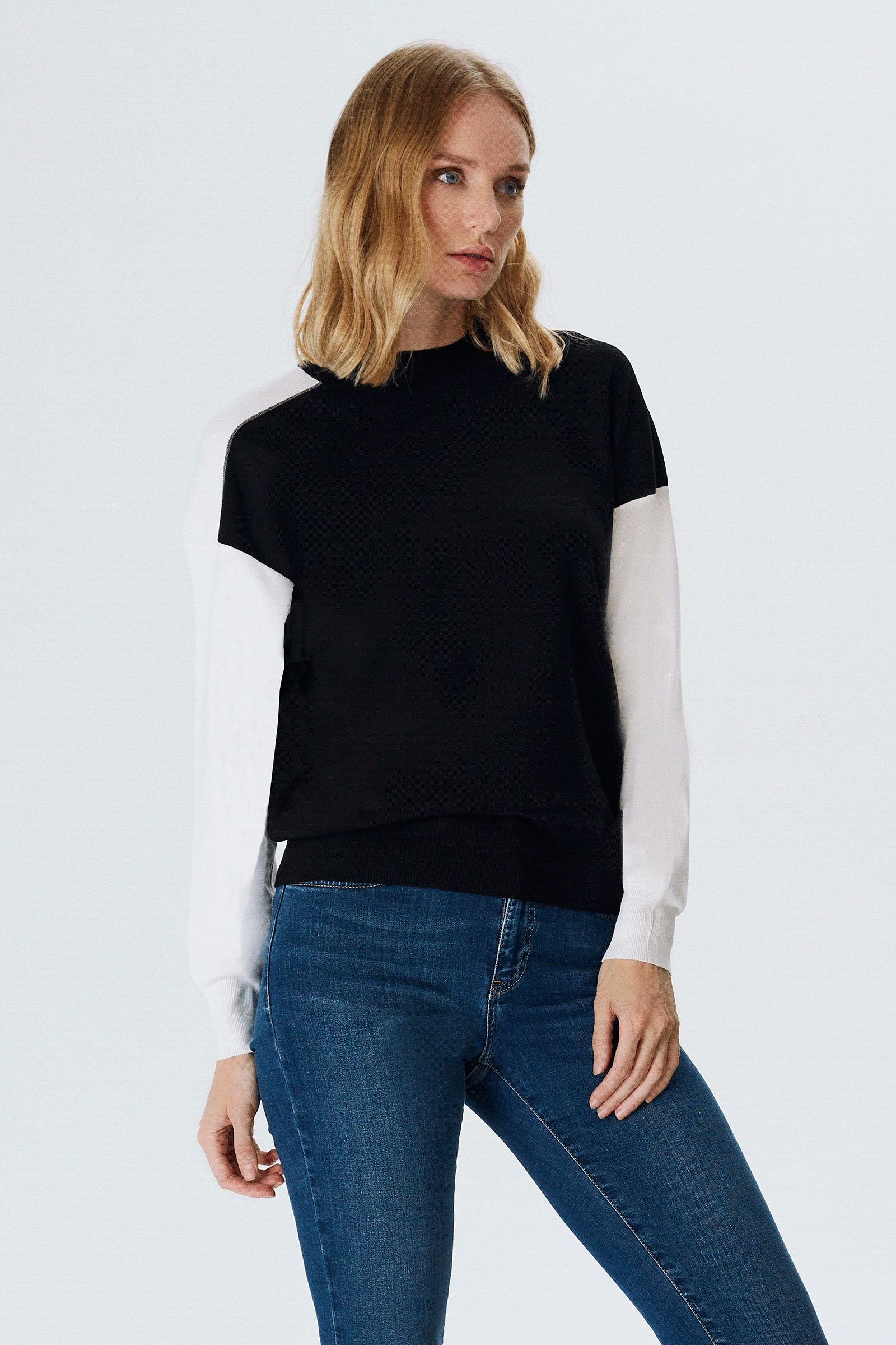 Asimetrik Kontrast Renkli Triko Bluz