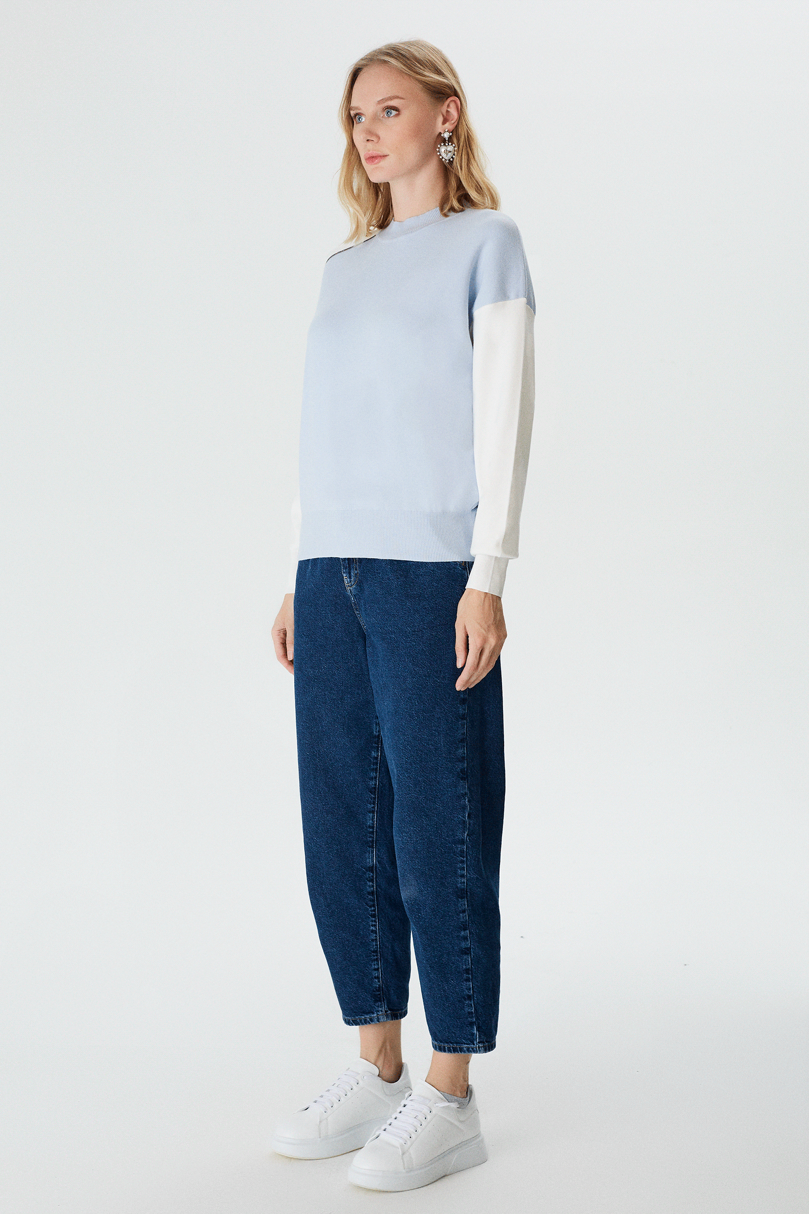 Asimetrik Kontrast Renkli Triko Bluz