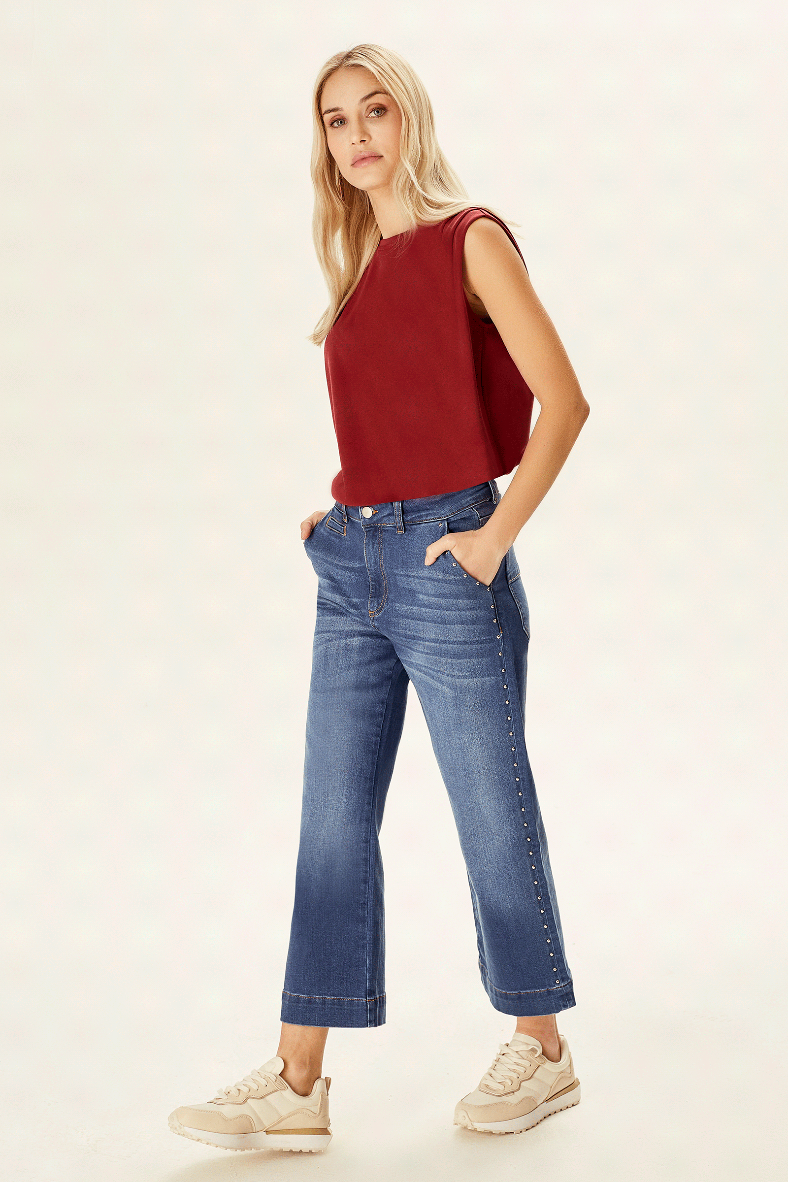 Geniş Paça Zımba Detaylı Denim Pantolon