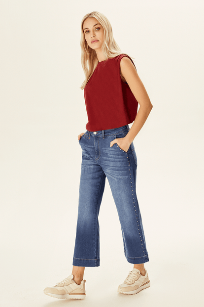 Geniş Paça Zımba Detaylı Denim Pantolon
